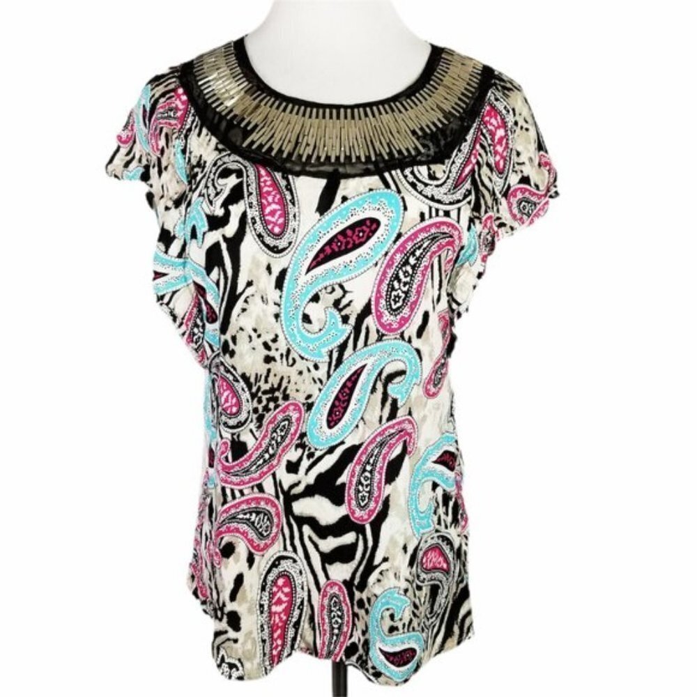 Ovboili Beaded Collar‎ Black Mesh Pastel Paisley Tribal Blouse Women's Large